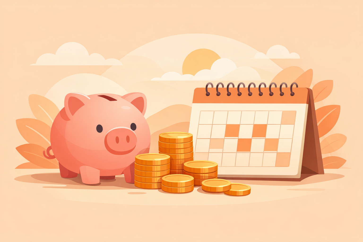 定期預金の仕組みをやさしく解説するイメージ（貯金箱とカレンダー）