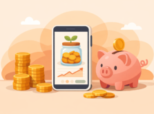 おつりで貯金・投資をするイメージ（スマホと小銭）
