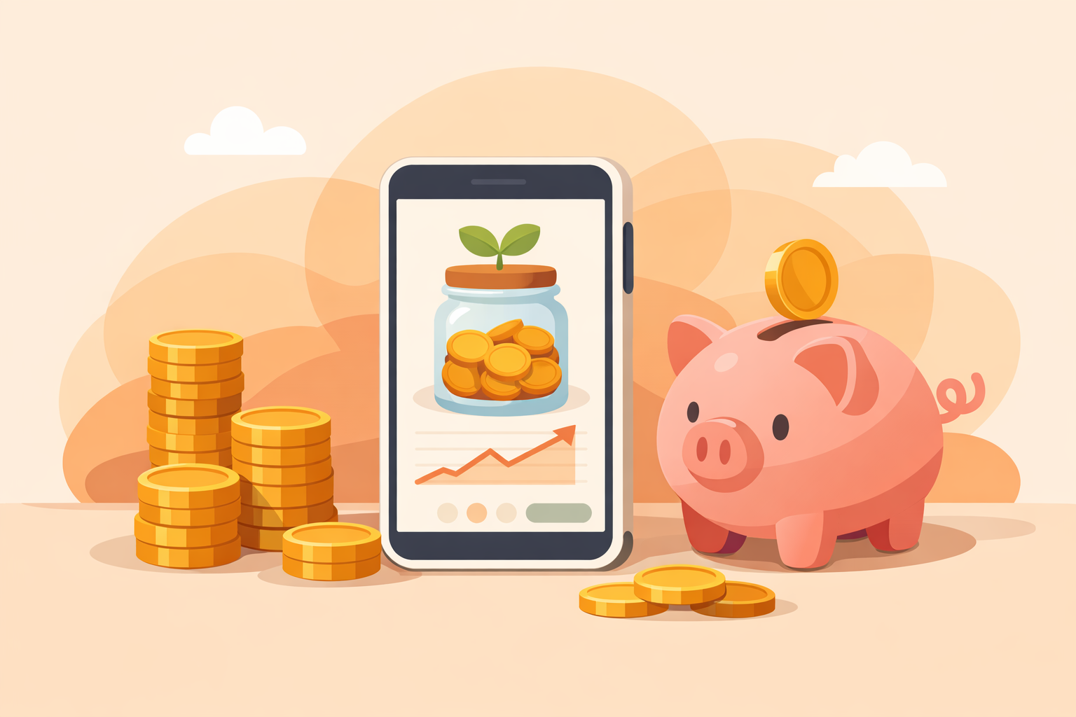 おつりで貯金・投資をするイメージ（スマホと小銭）