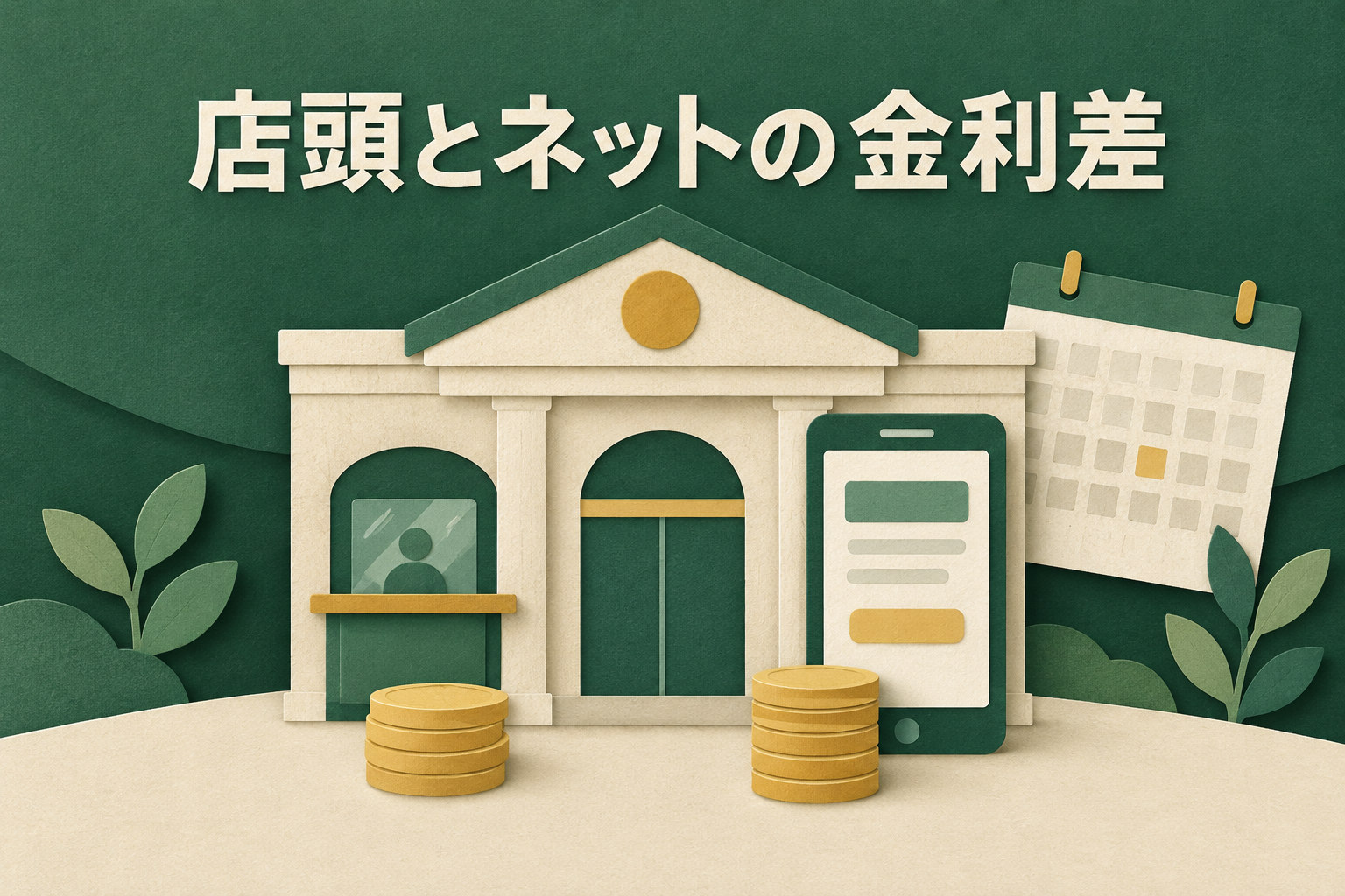 銀行の窓口とスマートフォンの前に並ぶ高さの違う硬貨のイメージ