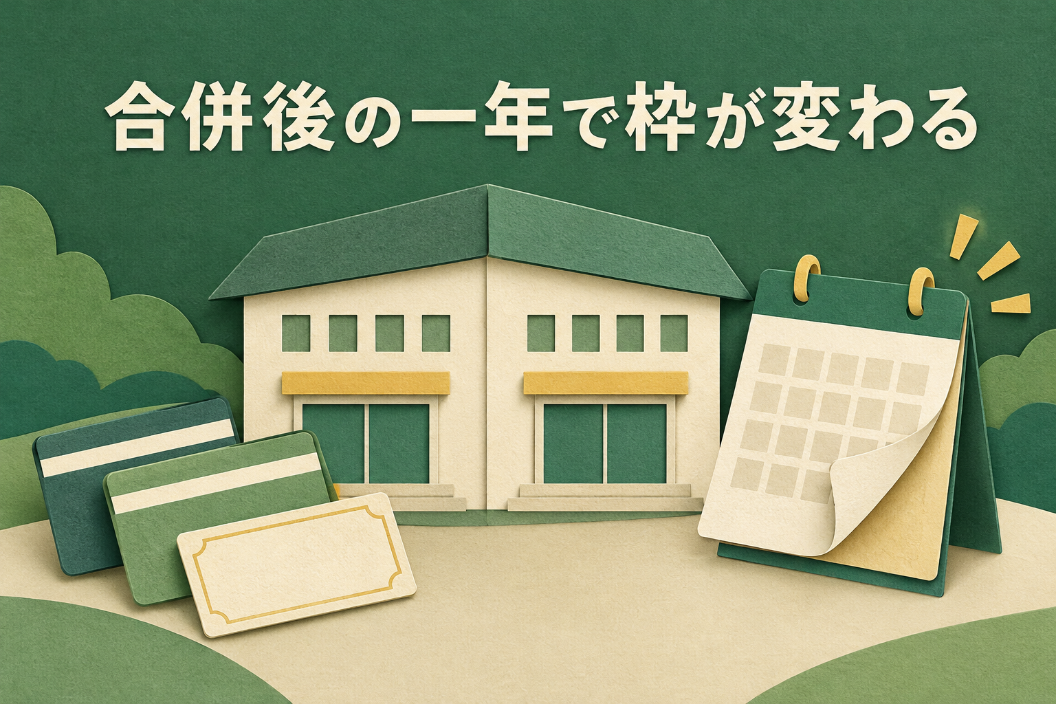 二つの銀行の建物が一つの屋根でつながり、手前に貯金箱と硬貨があるイメージ
