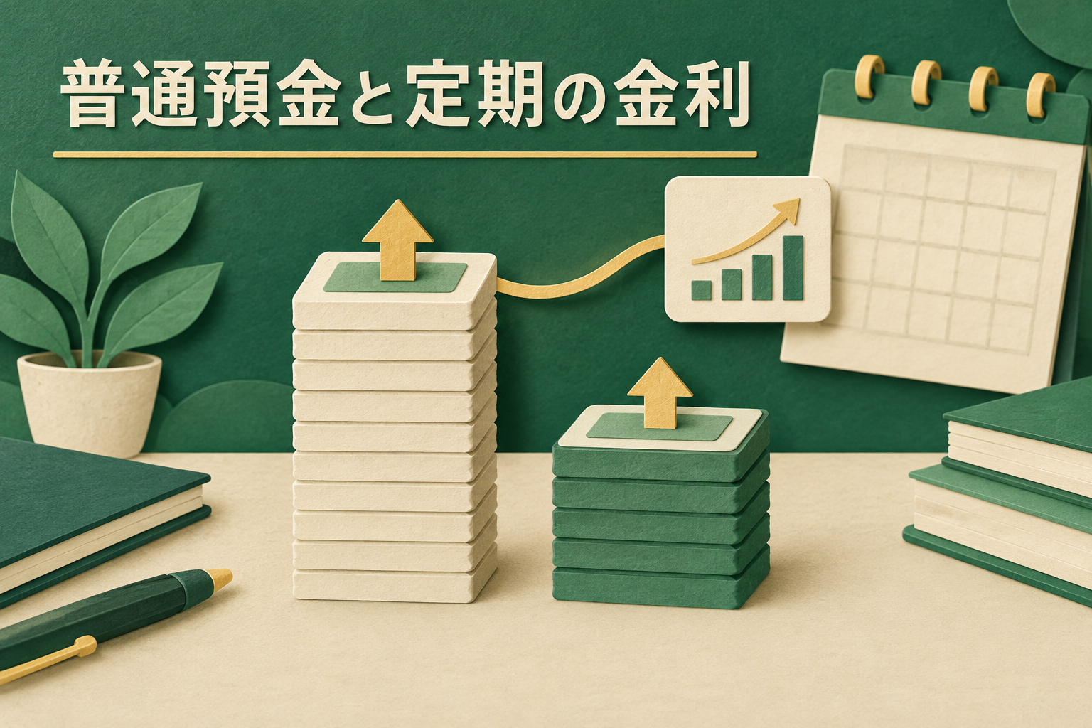 高さの違う硬貨の山と貯金箱、背景にカレンダーがあるイメージ
