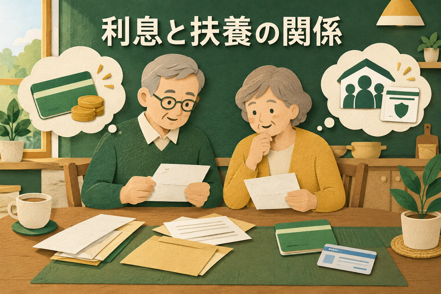 通帳と役所からの封筒、保険証を前に書類を確認する夫婦のイメージ