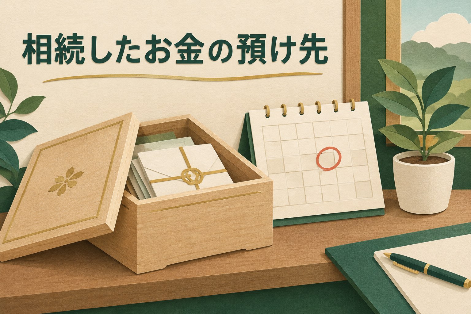小箱に入った硬貨とカレンダー、鉢植えの植物のイメージ
