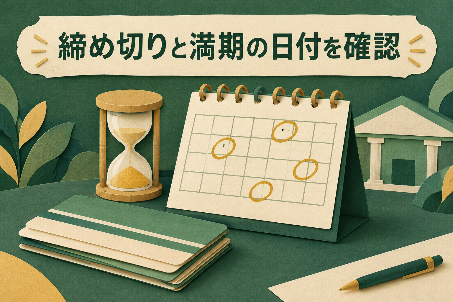日付に印を付けたカレンダーと砂時計、貯金箱のイメージ