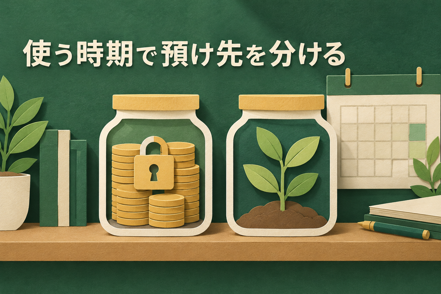 鍵の付いた硬貨の瓶と、硬貨から芽が伸びる瓶が並んだイメージ