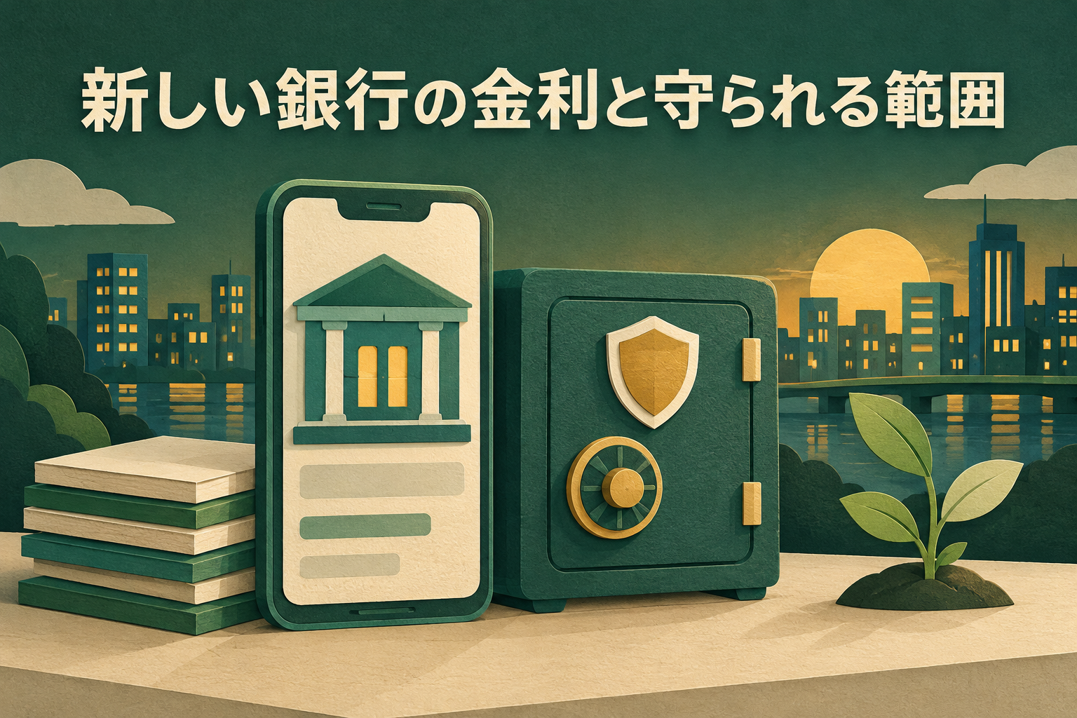 小さな銀行の建物のように立つスマートフォンと、硬貨や金庫が並んだイメージ