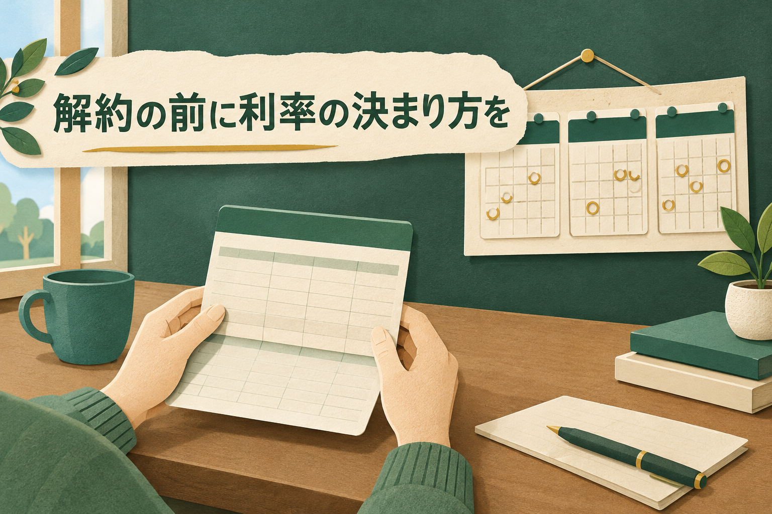 定期預金の中途解約の時期を通帳とカレンダーで考える人のイメージ