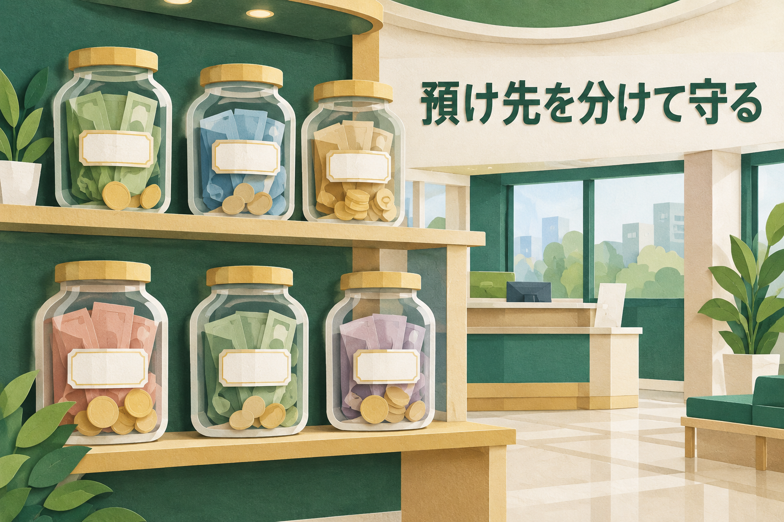 預金を複数の金融機関に分けて守るイメージ