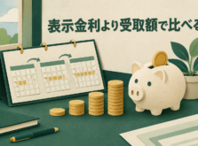 預入期間と受取利息の関係を表すカレンダーと貯金箱のイメージ