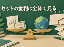 円定期と外貨・投資信託を組み合わせたセット定期の損得を天秤で比べるイメージ