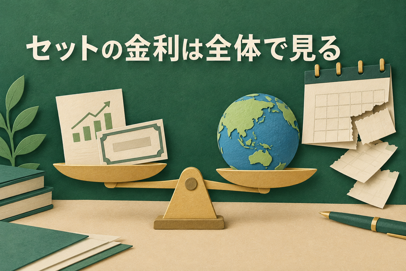 円定期と外貨・投資信託を組み合わせたセット定期の損得を天秤で比べるイメージ